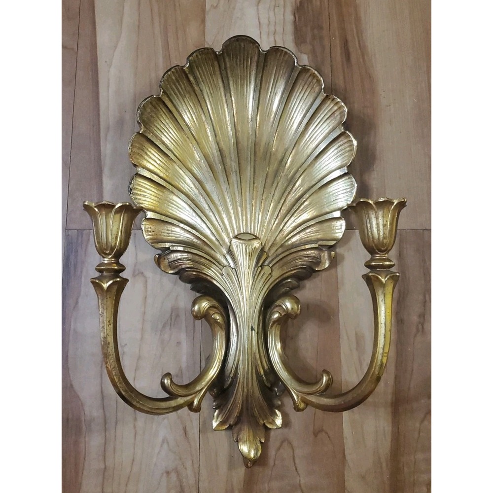 Vintage Syroco 4224 Gold Clam Shell Wall Sconce Double Candle Holder MCM Regency